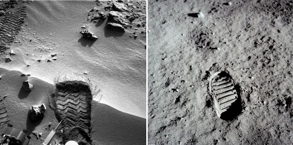 Fotografia unei  urme de picior  de pe Marte, trimisa pe pamant de roverul Curiosity